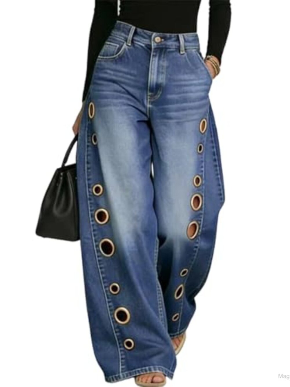 Women's High Waisted Wide Leg Jeans with Grommet Eyelet Detail